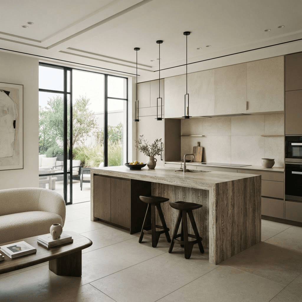 Architectural interior with porcelain and natural stone surfaces