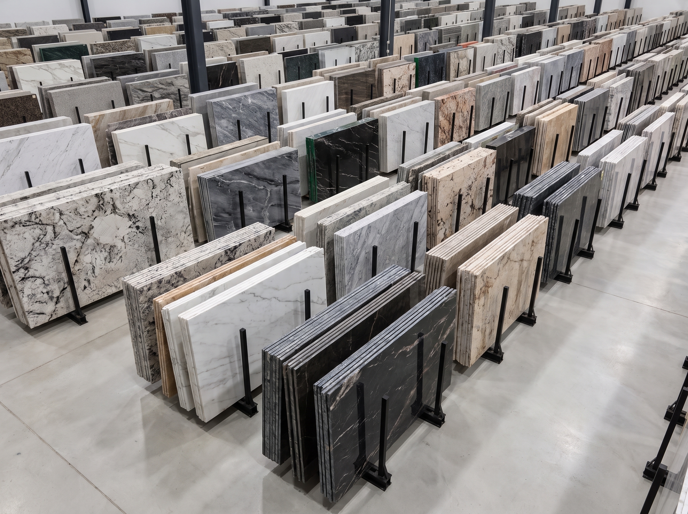 slabs on A-frames in a warehouse